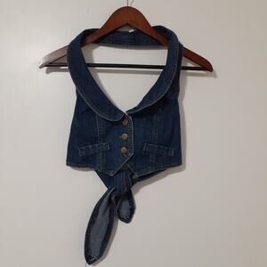 Live To Be Spoiled Women's Denim Tie Front Vest Top S Blue Cotton Polyester